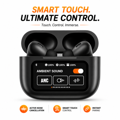 A9 Pro ANC True Wireless Earbuds – Smart Touch Screen Charging Case, Active Noise Cancellation, 13mm Drivers, GPS Location & 35H Battery